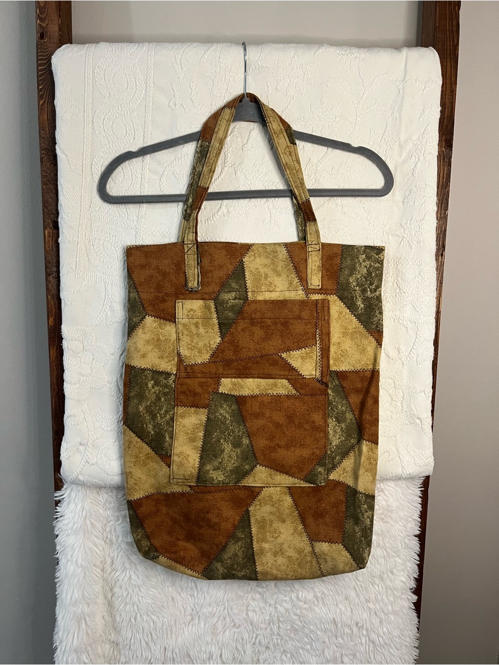 Vintage Earth Tone Patchwork Tote Bag - Handmade Aesthetic